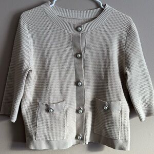 Elegant Cream Pearl Button-Up Waffle Knit Cardigan with 2 Side Pockets